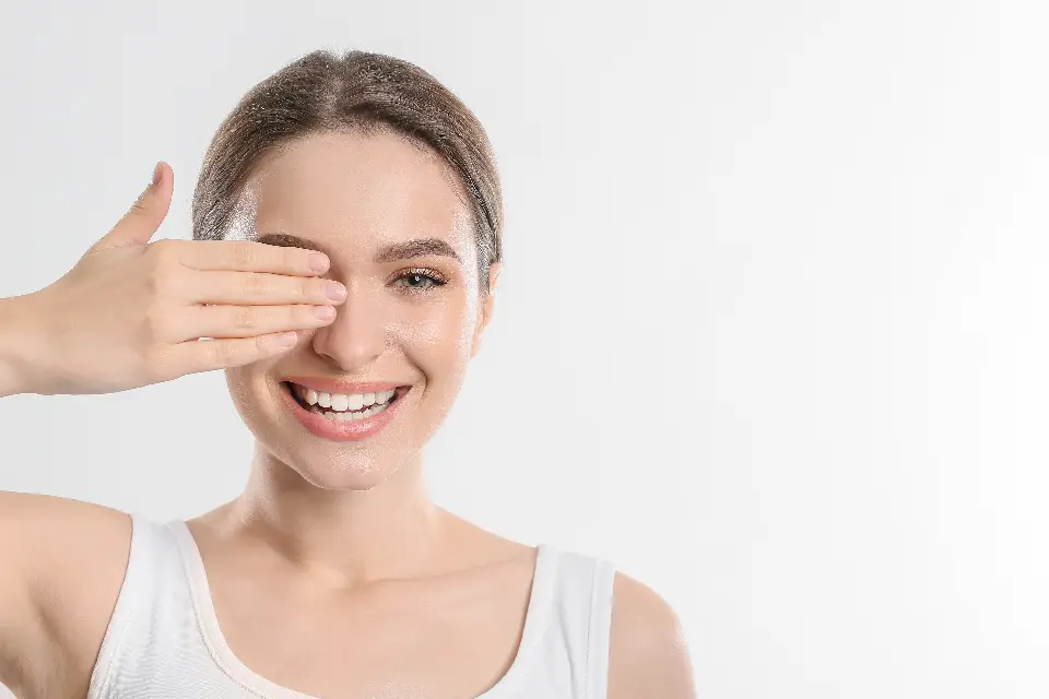 A woman smiling broadly, one hand raised playfully over her eye